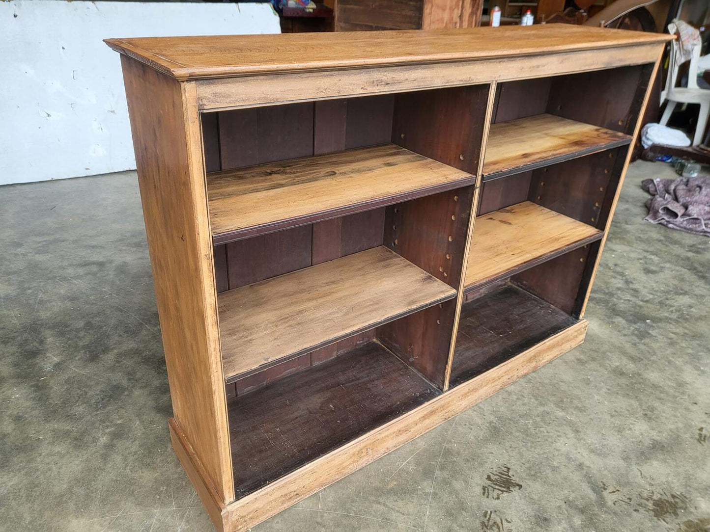 Antique Edwardian oak low open bookcase adjustable shelves