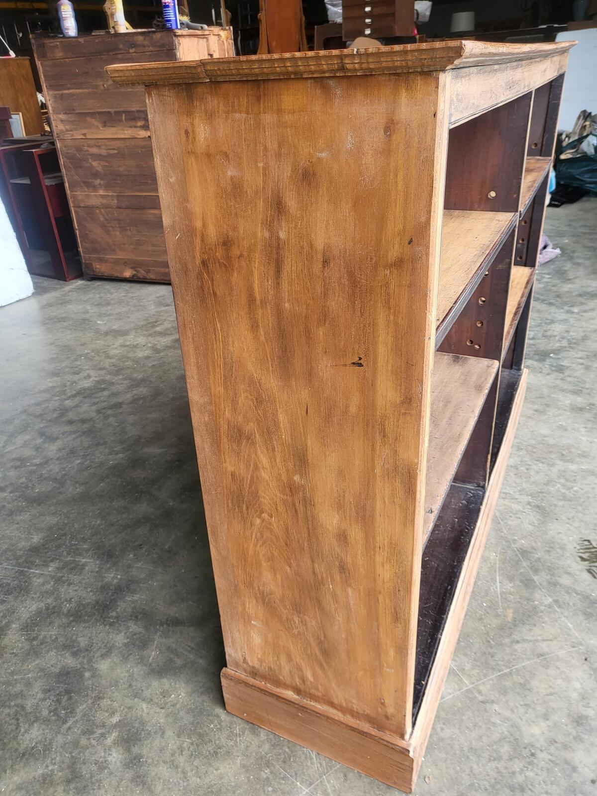 Antique Edwardian oak low open bookcase adjustable shelves