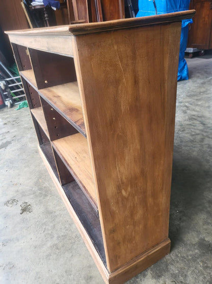 Antique Edwardian oak low open bookcase adjustable shelves
