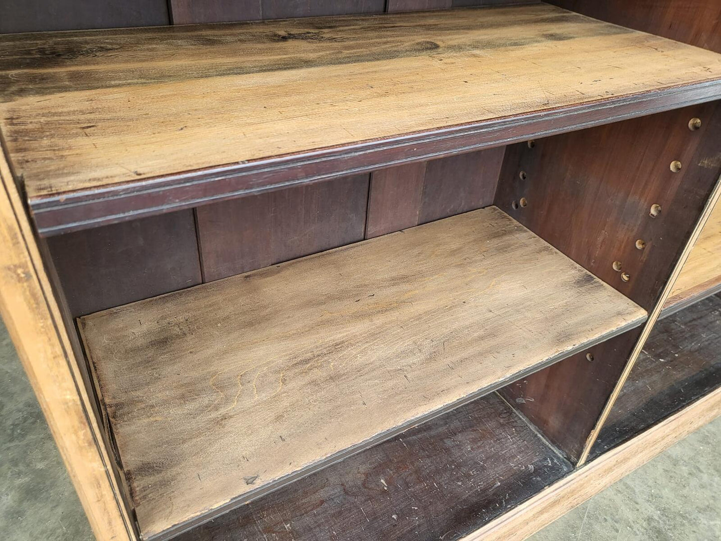 Antique Edwardian oak low open bookcase adjustable shelves