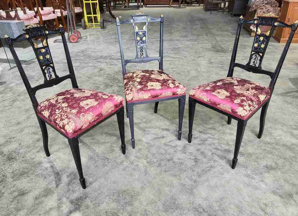 Antique Edwardian 3 black gold carved open chairs red silk fabric tapered legs