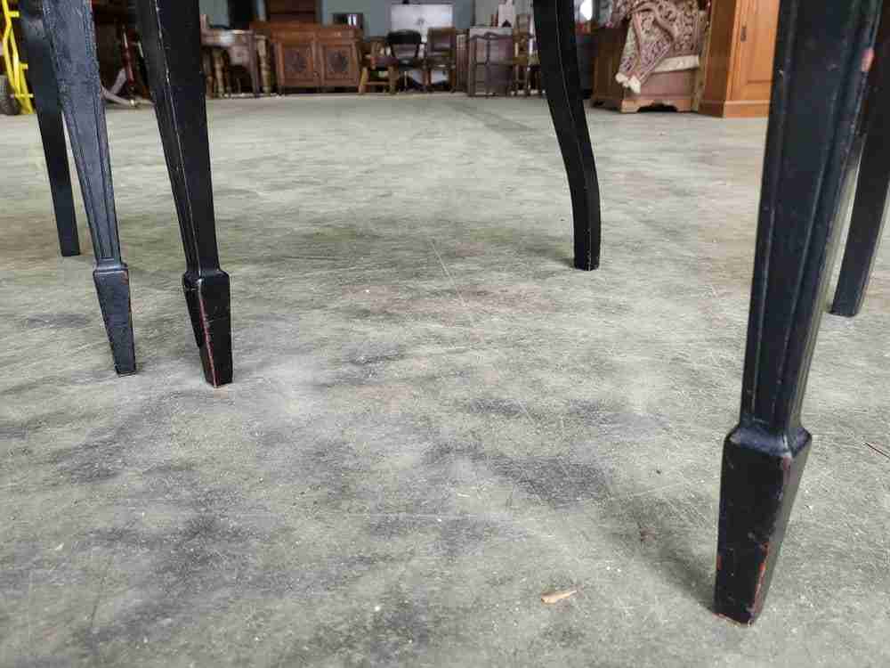 Antique Edwardian 3 black gold carved open chairs red silk fabric tapered legs