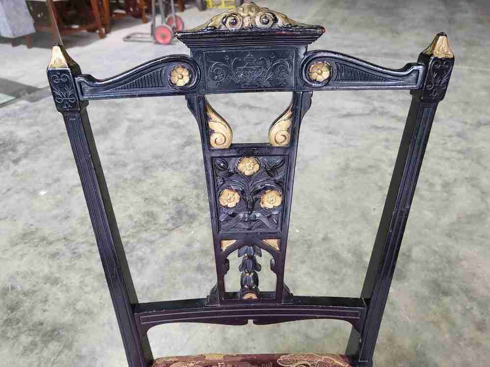 Antique Edwardian 3 black gold carved open chairs red silk fabric tapered legs