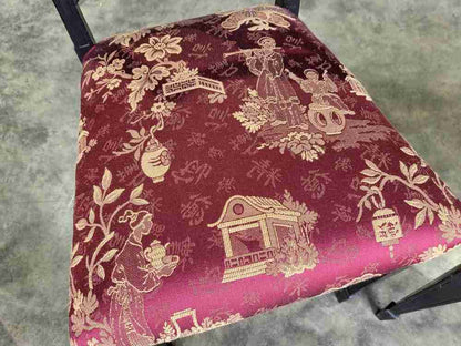 Antique Edwardian 3 black gold carved open chairs red silk fabric tapered legs