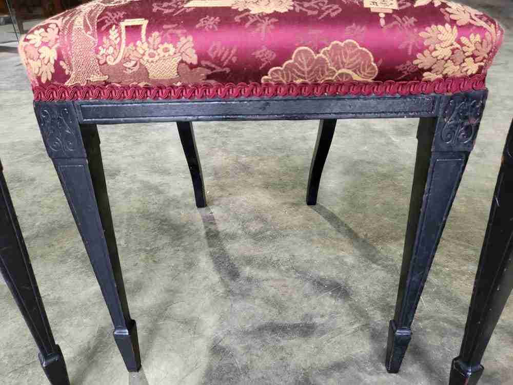 Antique Edwardian 3 black gold carved open chairs red silk fabric tapered legs