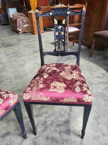 Antique Edwardian 3 black gold carved open chairs red silk fabric tapered legs