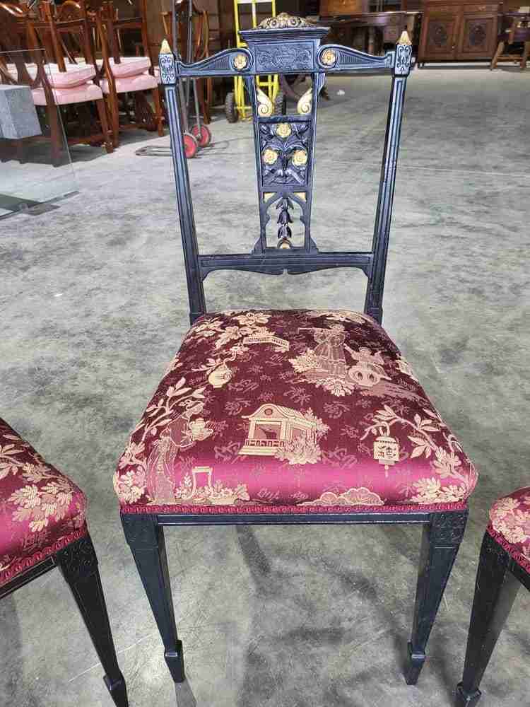 Antique Edwardian 3 black gold carved open chairs red silk fabric tapered legs