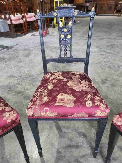Antique Edwardian 3 black gold carved open chairs red silk fabric tapered legs