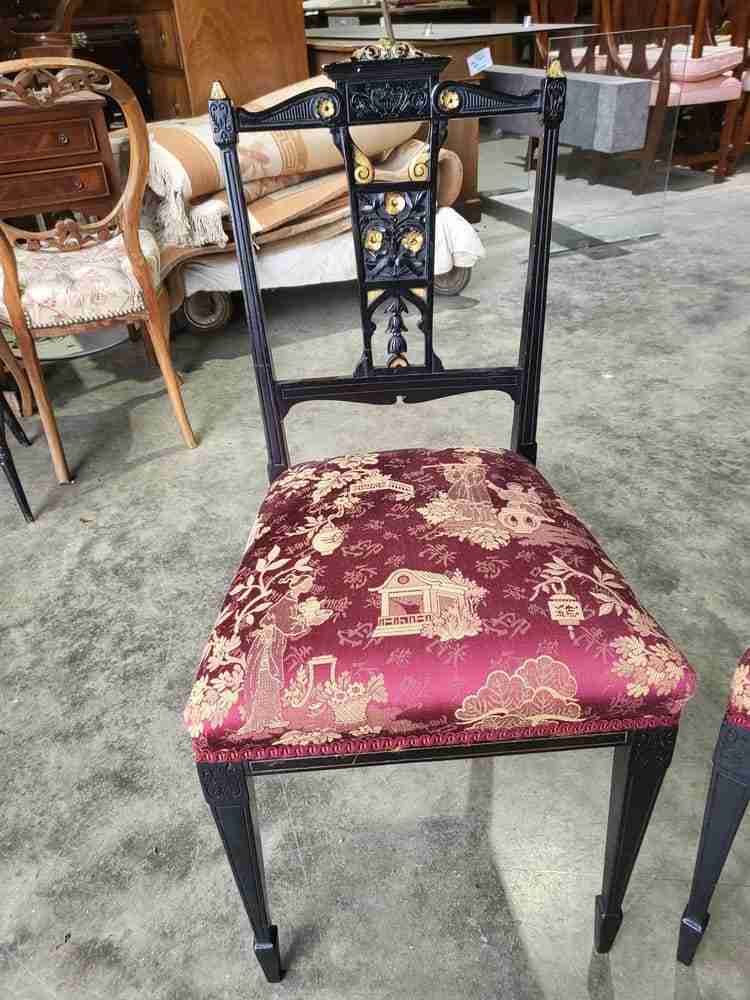 Antique Edwardian 3 black gold carved open chairs red silk fabric tapered legs
