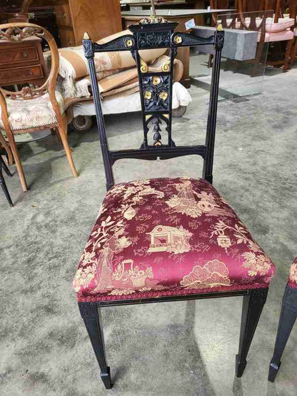Antique Edwardian 3 black gold carved open chairs red silk fabric tapered legs