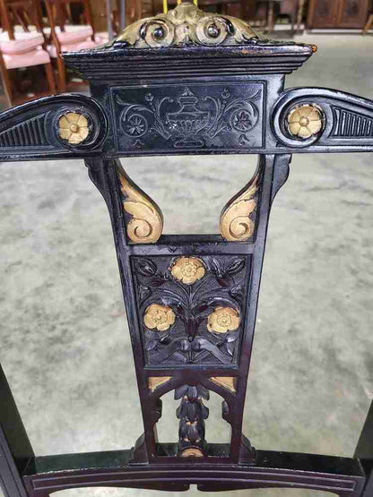 Antique Edwardian 3 black gold carved open chairs red silk fabric tapered legs