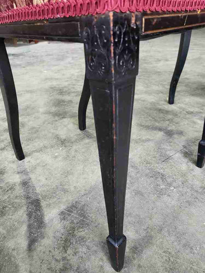 Antique Edwardian 3 black gold carved open chairs red silk fabric tapered legs