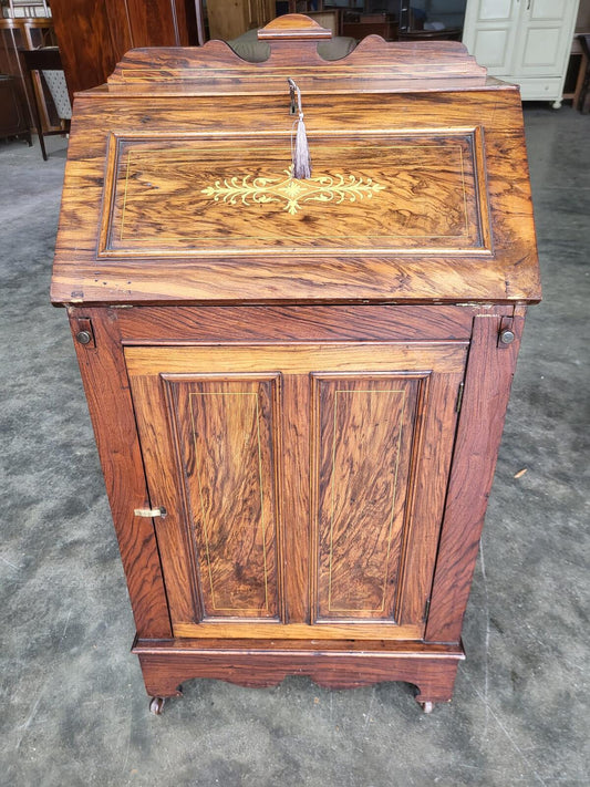 Antique small slim Edwardian inlaid bureau desk shelves