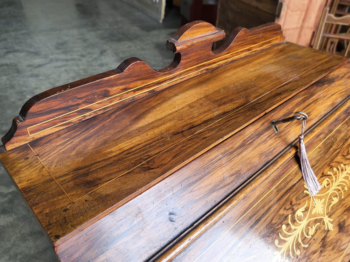 Antique small slim Edwardian inlaid bureau desk shelves