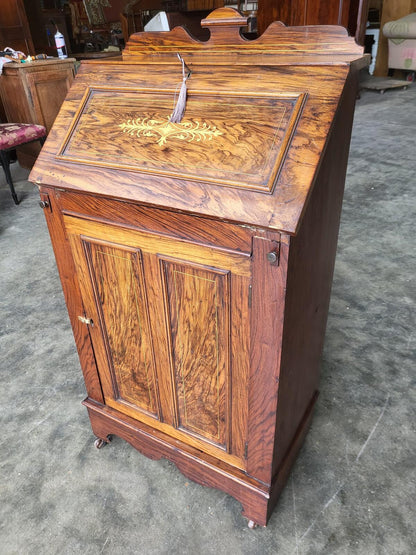 Antique small slim Edwardian inlaid bureau desk shelves