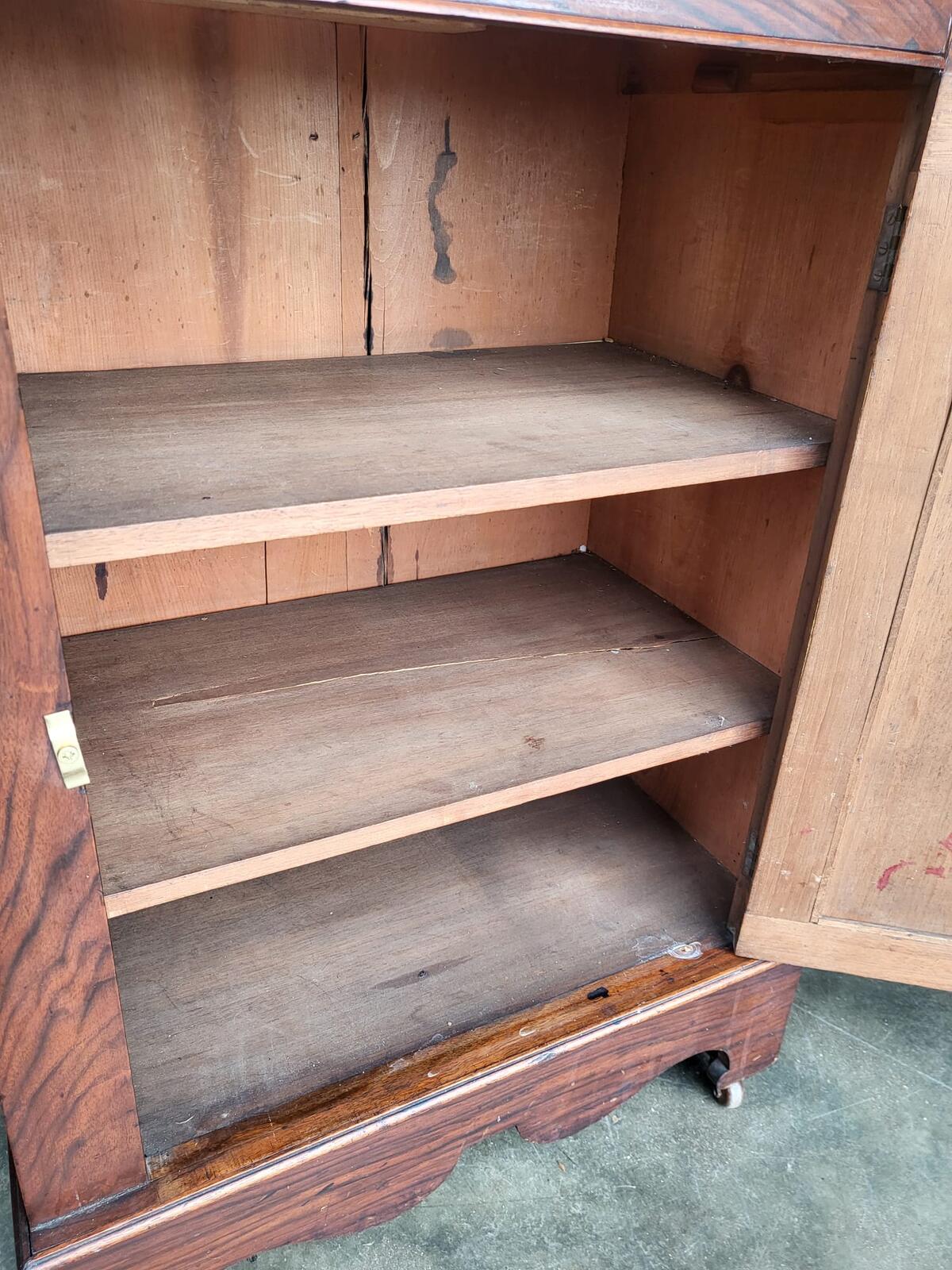 Antique small slim Edwardian inlaid bureau desk shelves