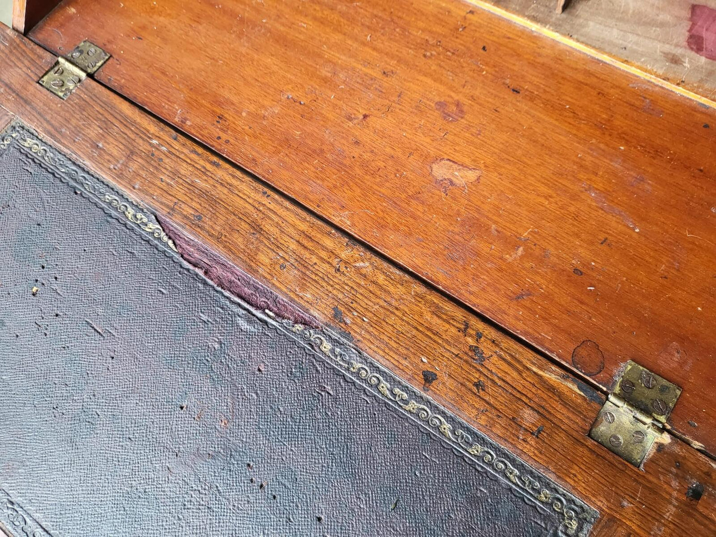 Antique small slim Edwardian inlaid bureau desk shelves