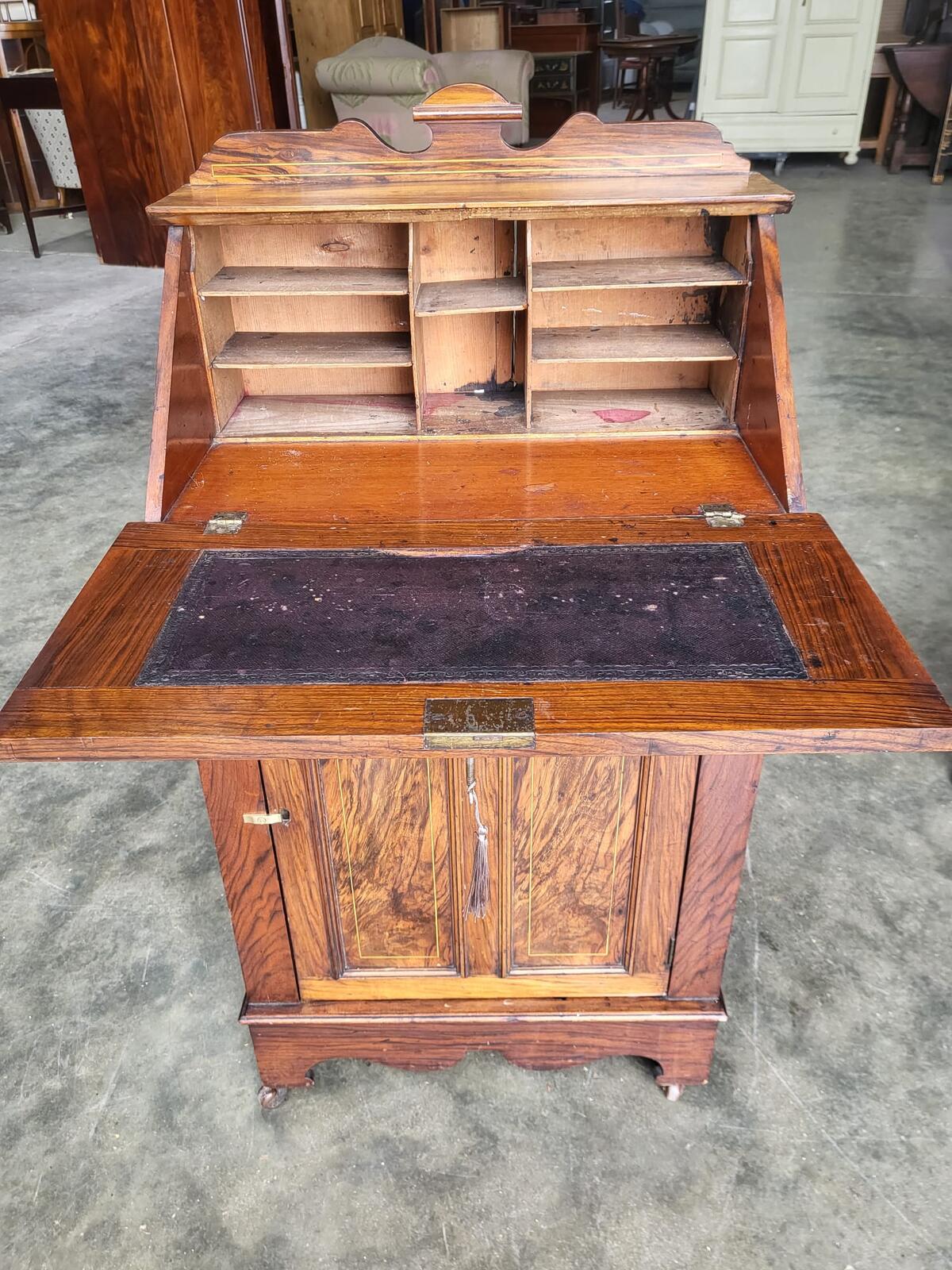 Antique small slim Edwardian inlaid bureau desk shelves