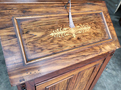 Antique small slim Edwardian inlaid bureau desk shelves