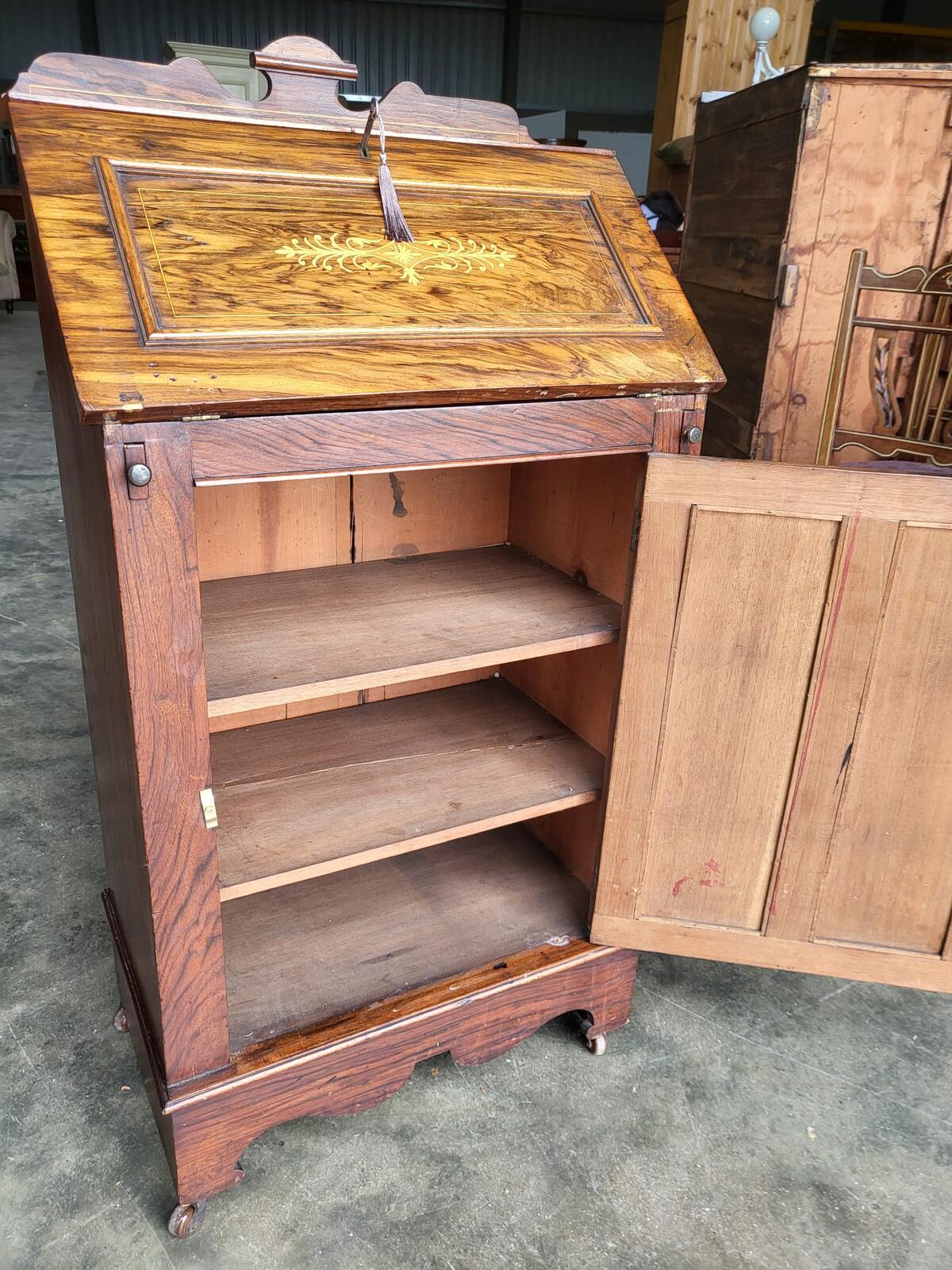 Antique small slim Edwardian inlaid bureau desk shelves