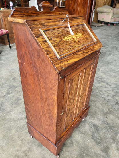Antique small slim Edwardian inlaid bureau desk shelves