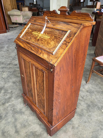 Antique small slim Edwardian inlaid bureau desk shelves
