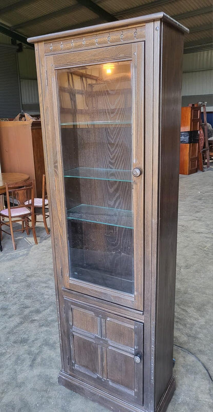 Dark Ercol tall glazed cabinet cupboard bookcase shelves