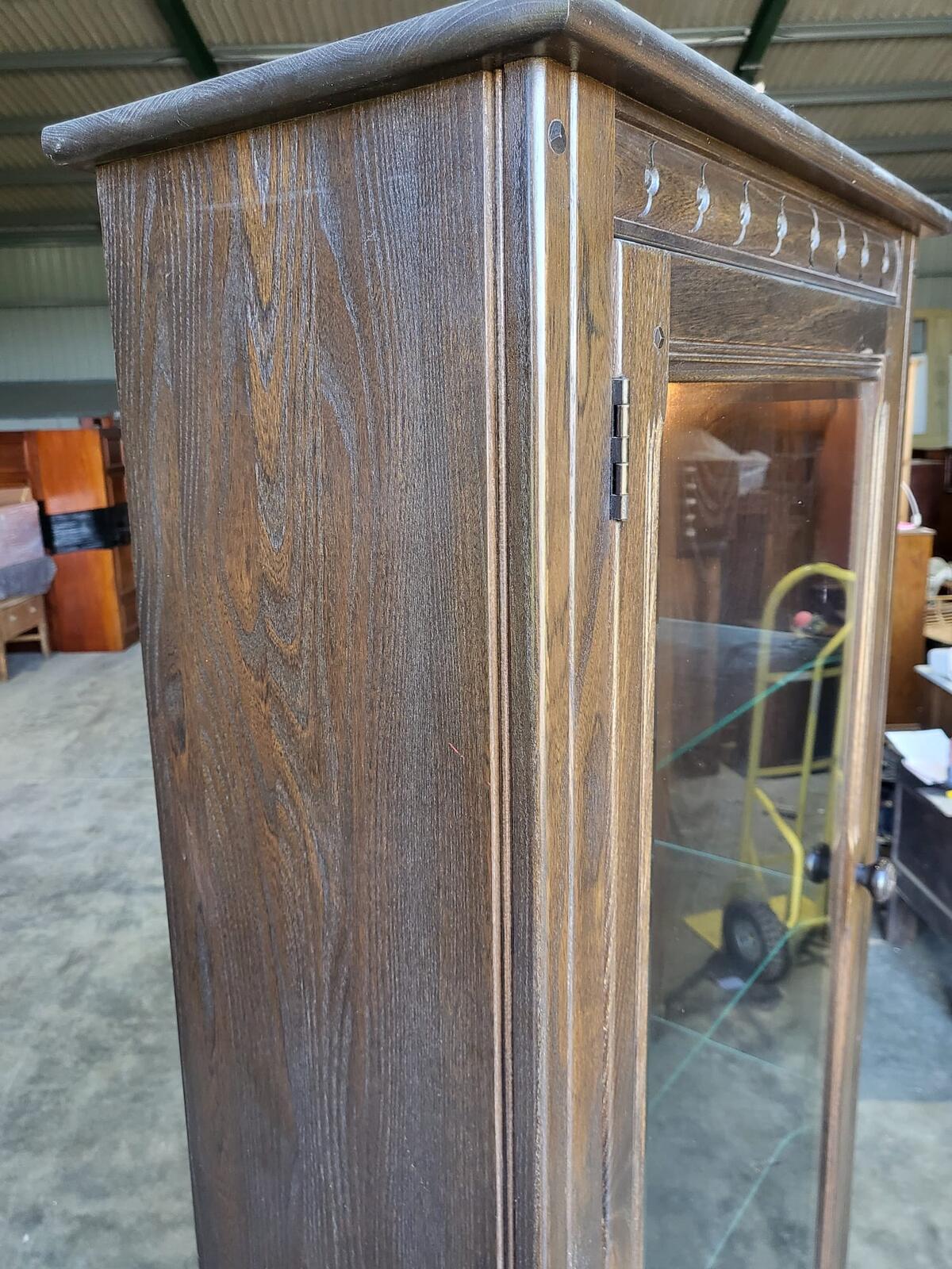Dark Ercol tall glazed cabinet cupboard bookcase shelves