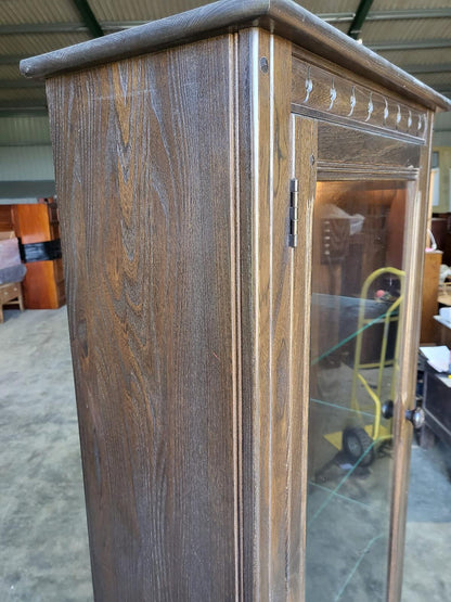 Dark Ercol tall glazed cabinet cupboard bookcase shelves