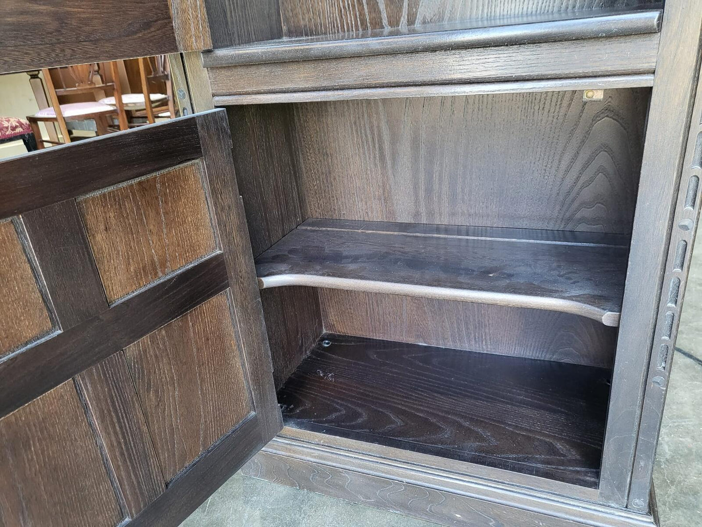 Dark Ercol tall glazed cabinet cupboard bookcase shelves