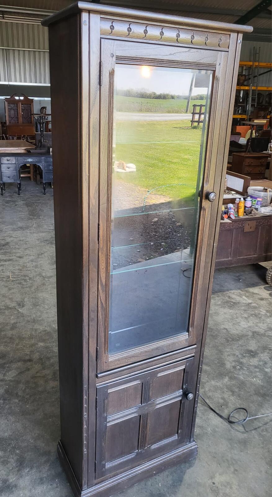 Dark Ercol tall glazed cabinet cupboard bookcase shelves