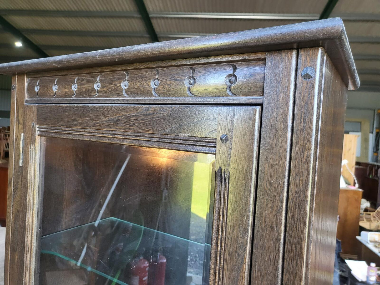 Dark Ercol tall glazed cabinet cupboard bookcase shelves