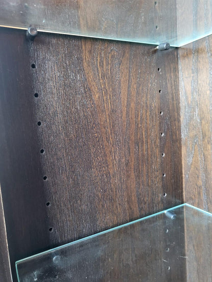 Dark Ercol tall glazed cabinet cupboard bookcase shelves