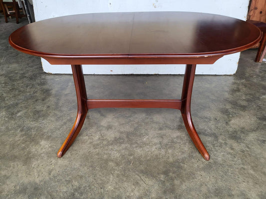 1970's extending dark teak pedestal dining table seat 6/8 + 4 chairs