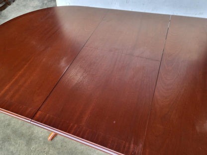 1970's extending dark teak pedestal dining table seat 6/8 + 4 chairs