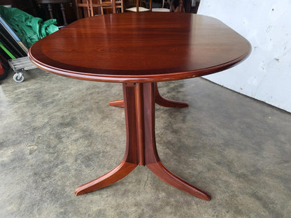 1970's extending dark teak pedestal dining table seat 6/8 + 4 chairs