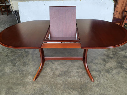 1970's extending dark teak pedestal dining table seat 6/8 + 4 chairs