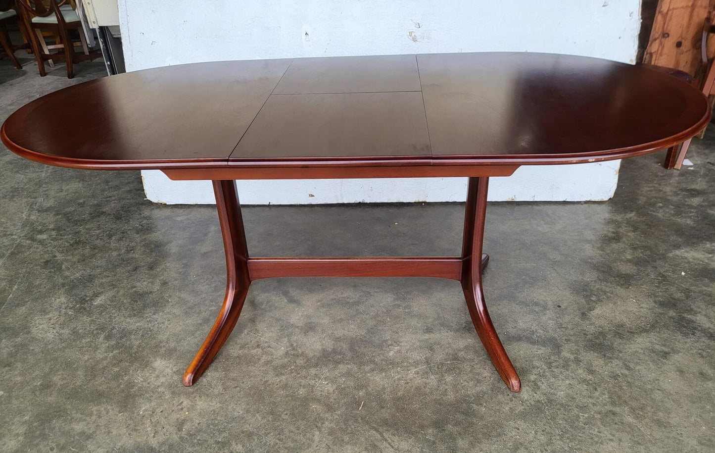 1970's extending dark teak pedestal dining table seat 6/8 + 4 chairs