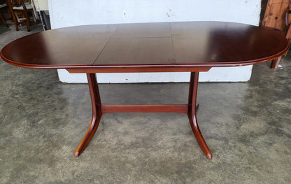 1970's extending dark teak pedestal dining table seat 6/8 + 4 chairs