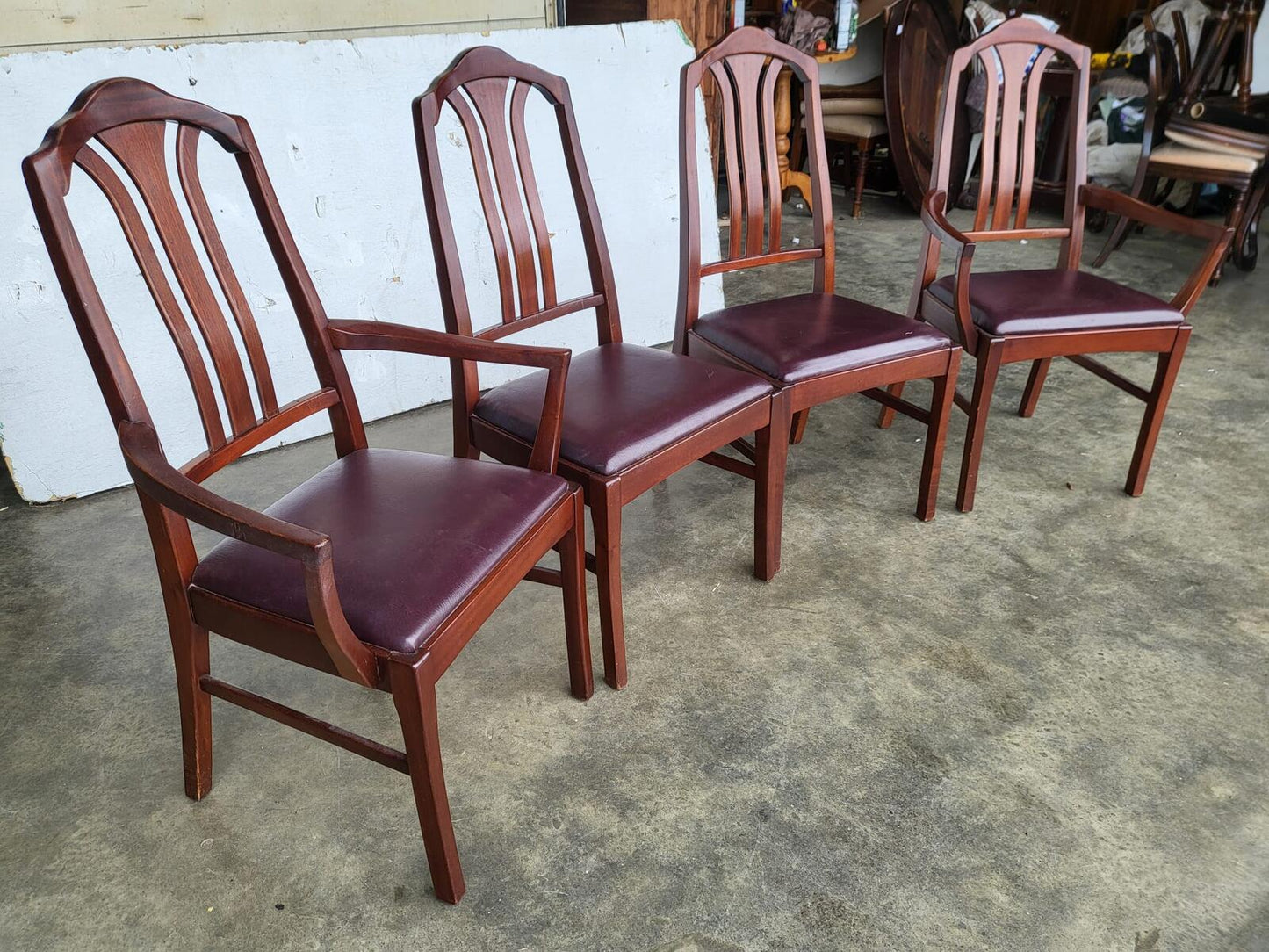 1970's extending dark teak pedestal dining table seat 6/8 + 4 chairs