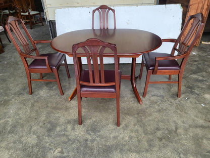 1970's extending dark teak pedestal dining table seat 6/8 + 4 chairs