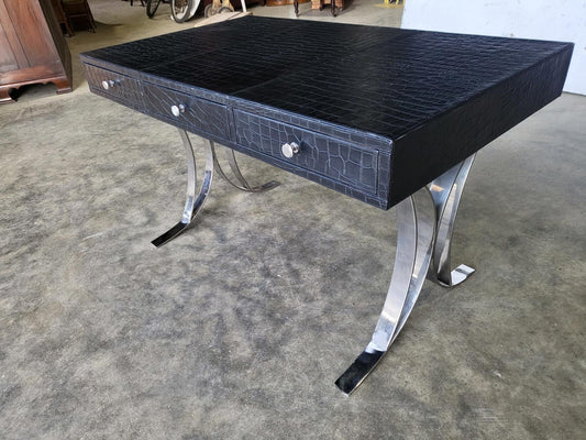 Faux crocodile black 3 drawer writing desk table chrome legs