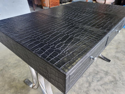 Faux crocodile black 3 drawer writing desk table chrome legs