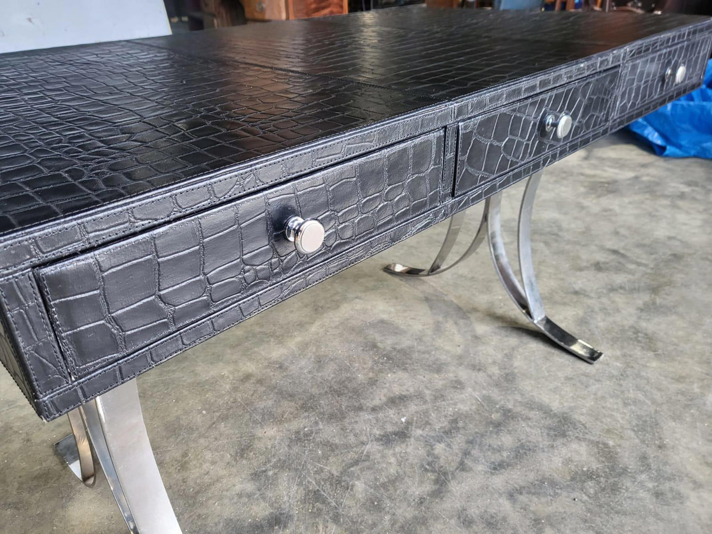 Faux crocodile black 3 drawer writing desk table chrome legs