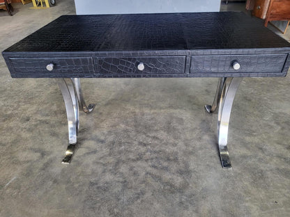 Faux crocodile black 3 drawer writing desk table chrome legs