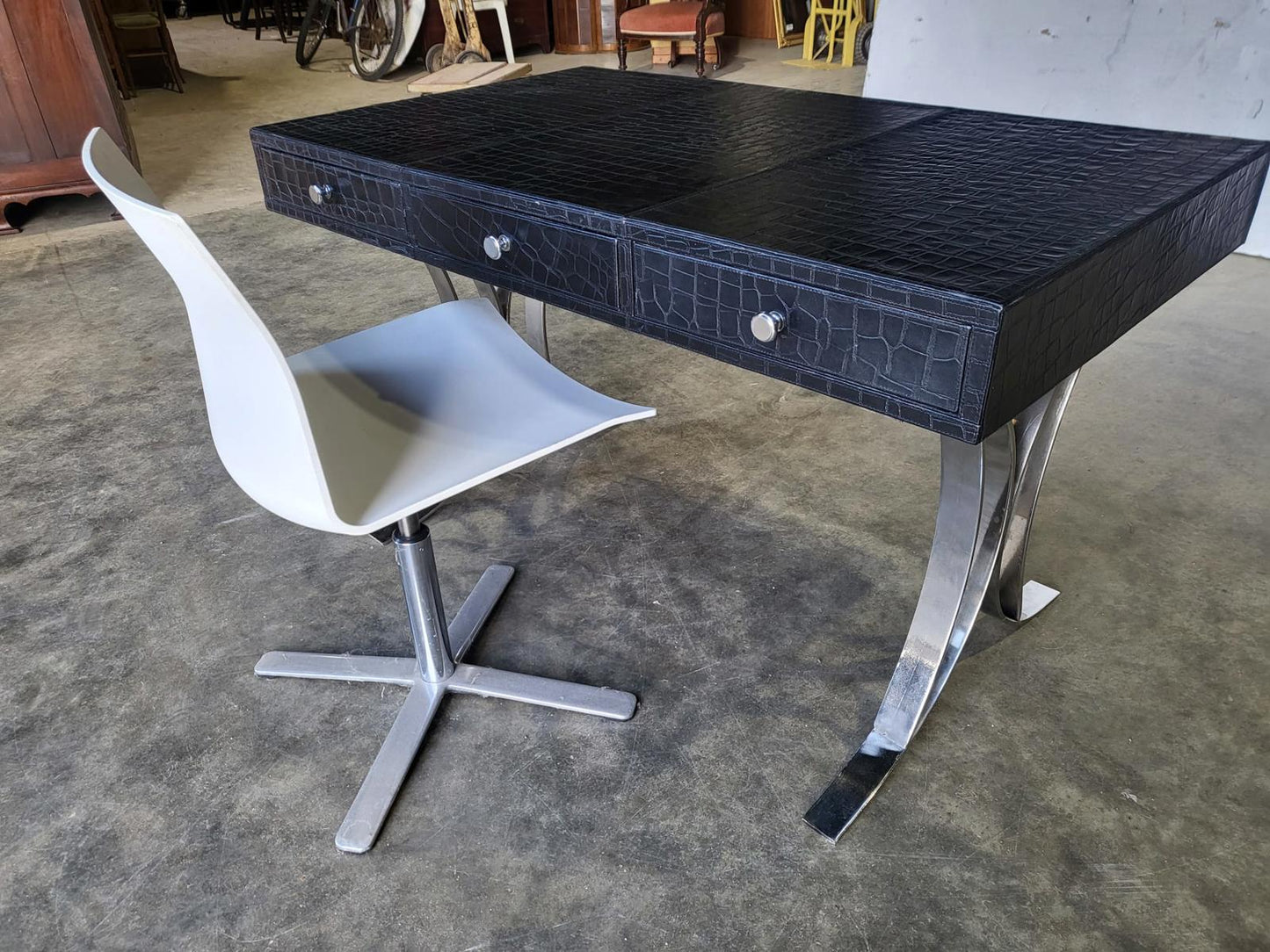 Faux crocodile black 3 drawer writing desk table chrome legs