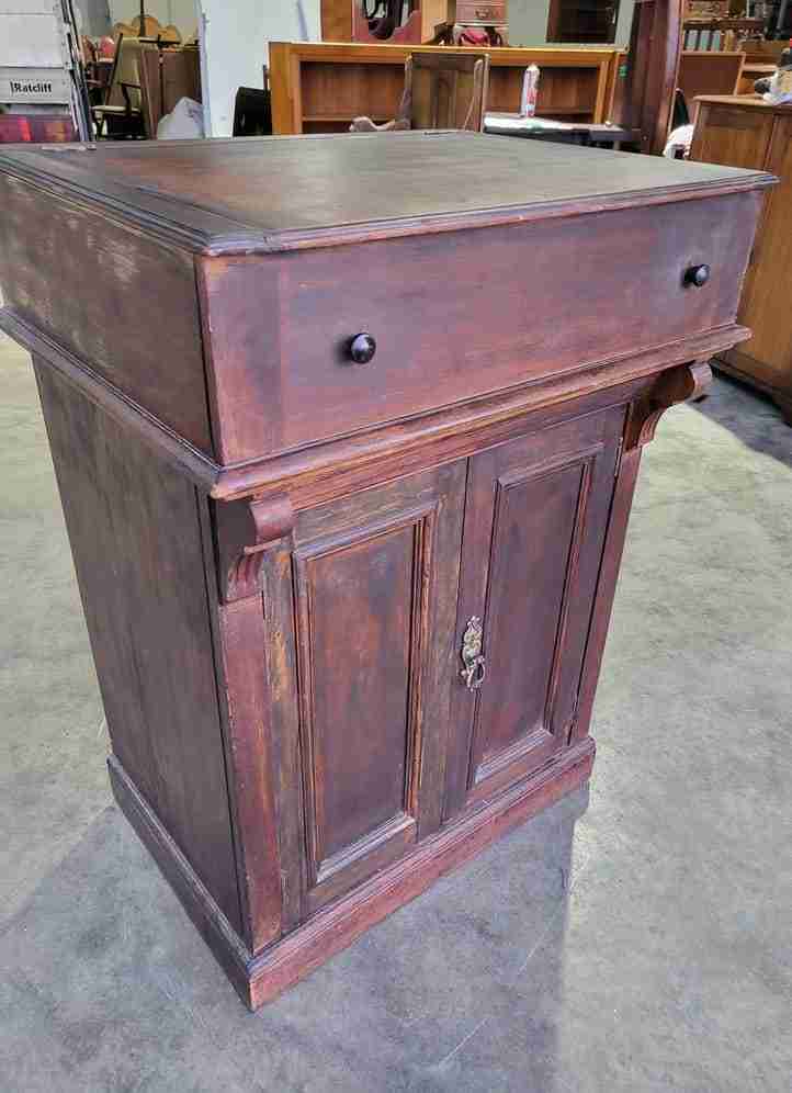 Vintage 20thC foldover small beech writing desk cupboard bureau 2 doors shelves