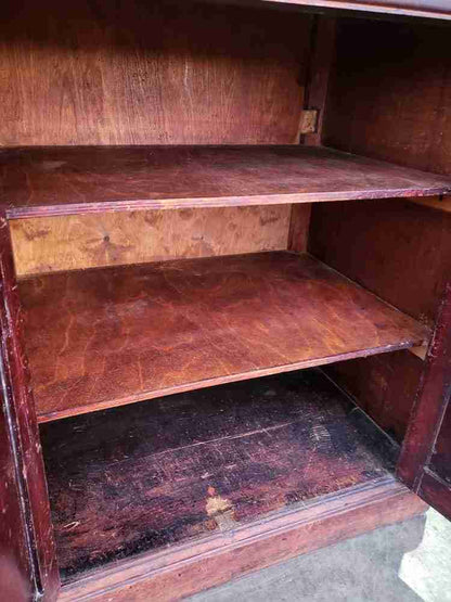 Vintage 20thC foldover small beech writing desk cupboard bureau 2 doors shelves