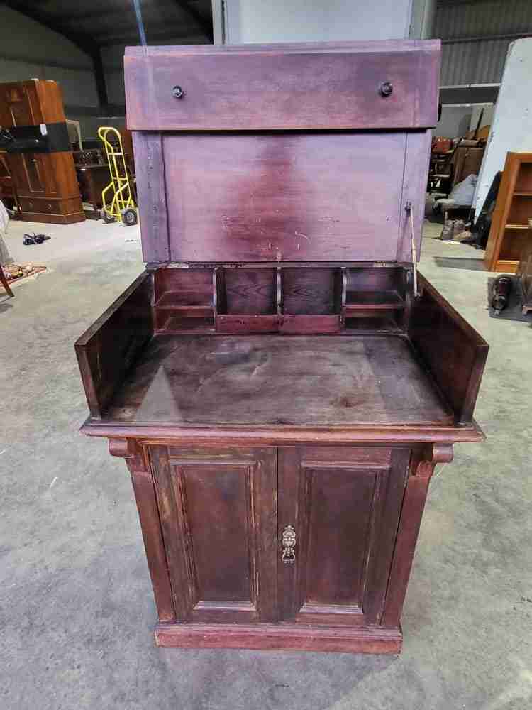 Vintage 20thC foldover small beech writing desk cupboard bureau 2 doors shelves