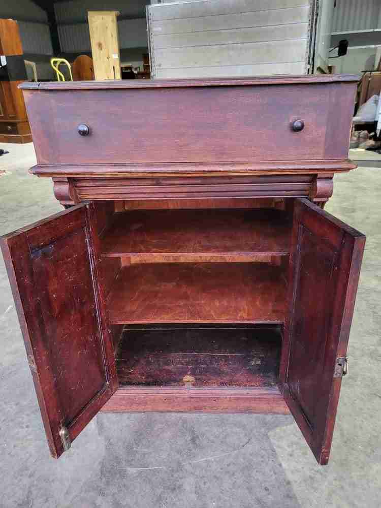 Vintage 20thC foldover small beech writing desk cupboard bureau 2 doors shelves